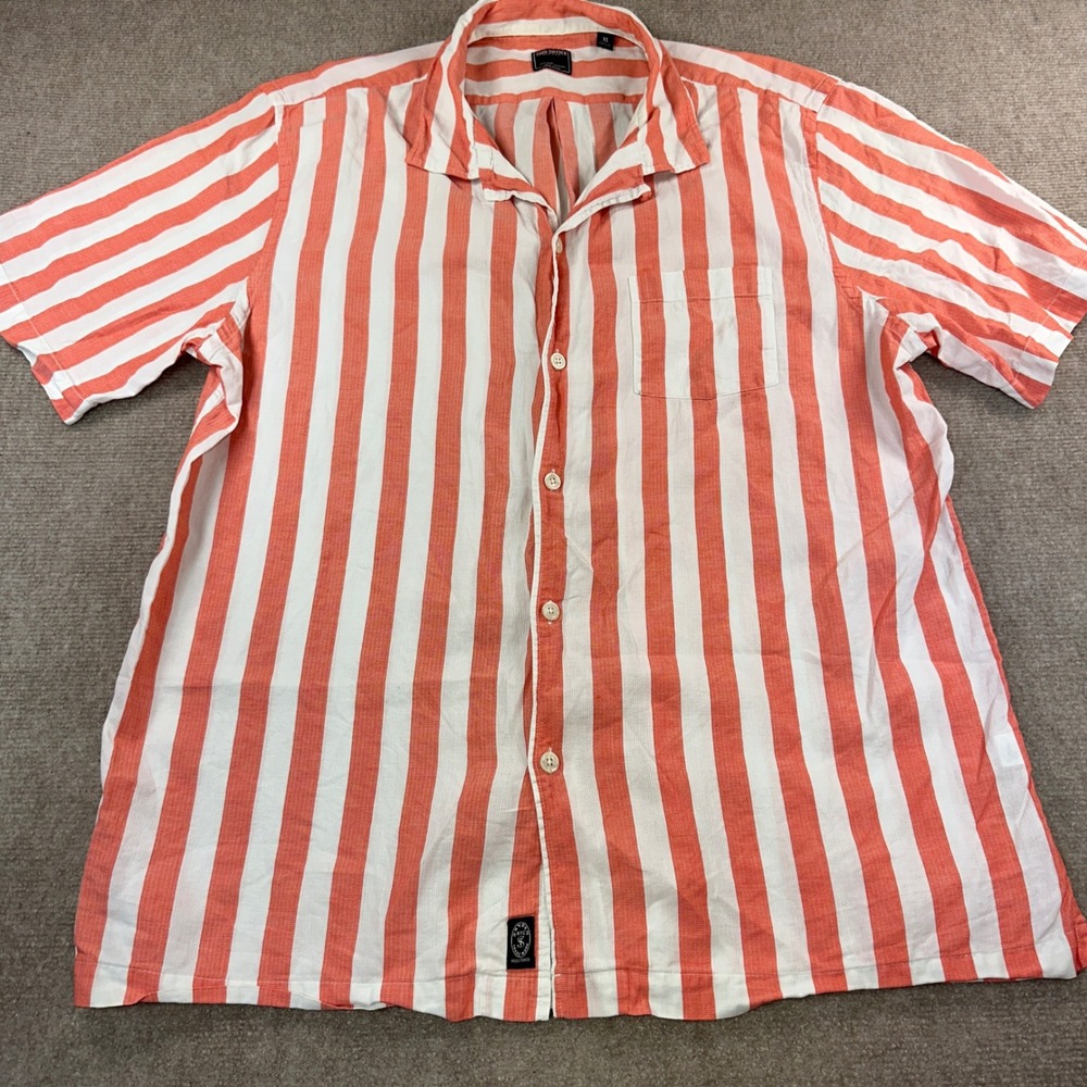 Todd Snyder Mens XL Orange White Striped Cotton Linen Short Sleeve Camp Shirt